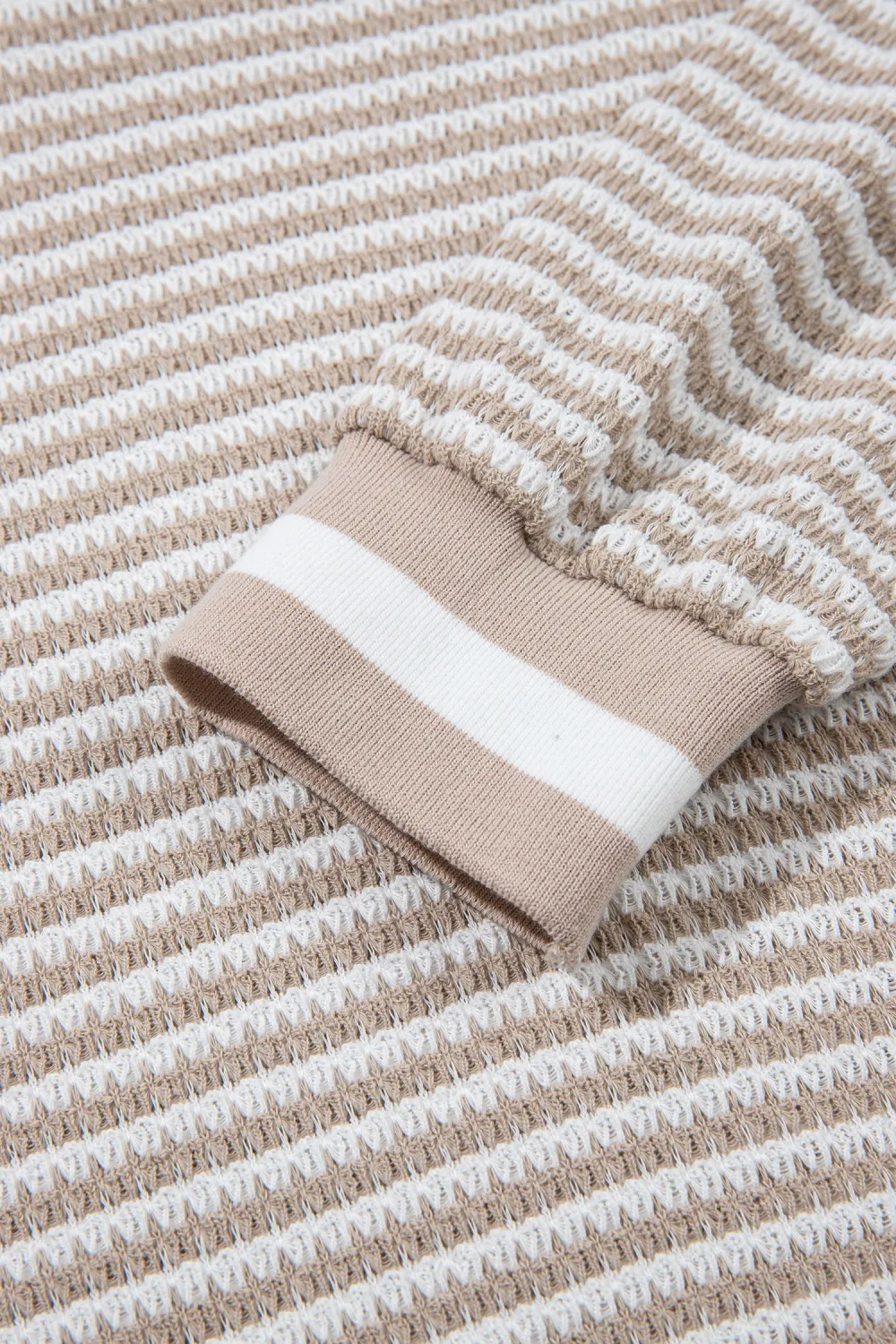 Beige Striped Textured Knit V Neck Top