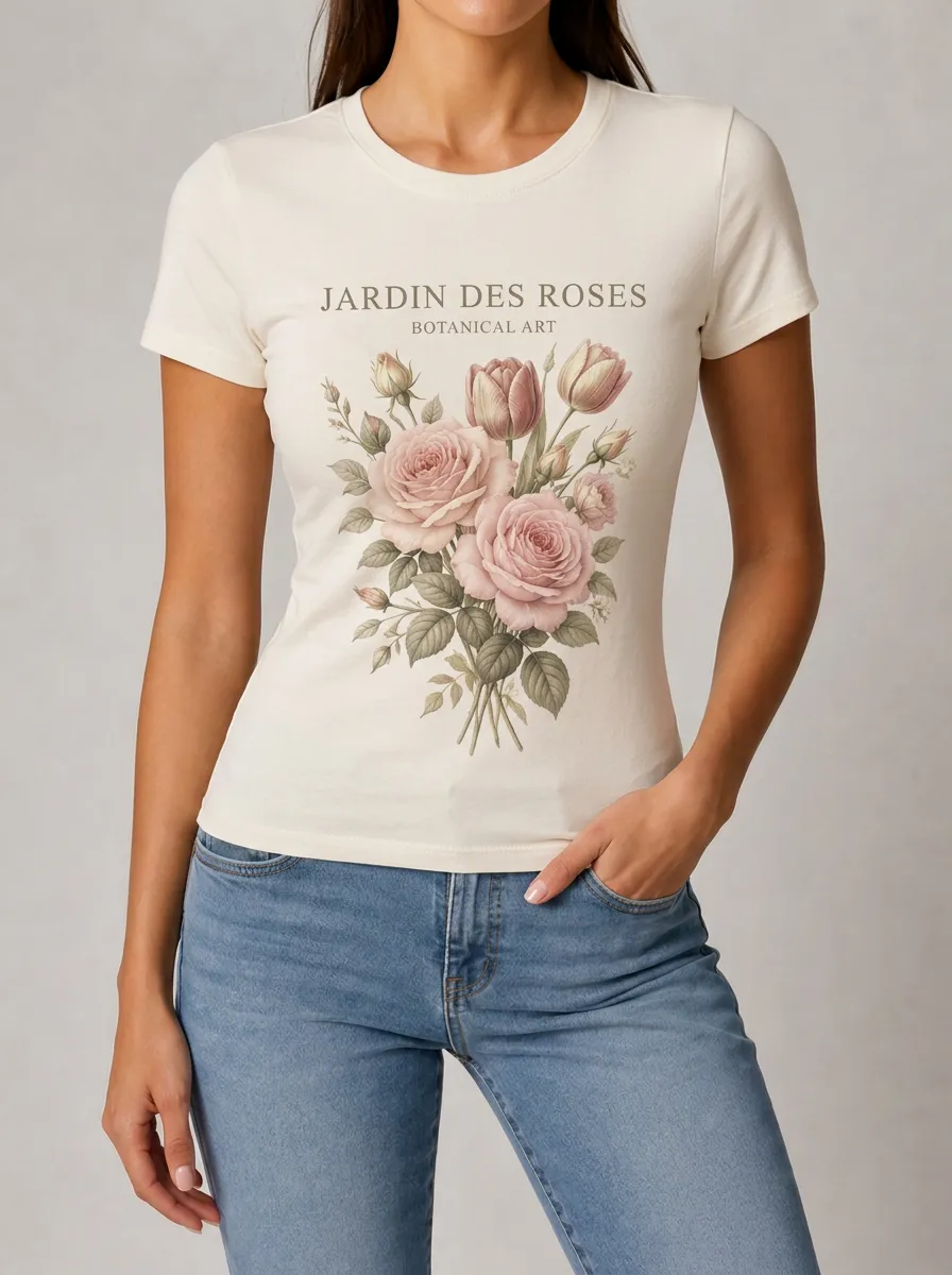 Women's Botanical Garden Rose Flower Printed T-shirt