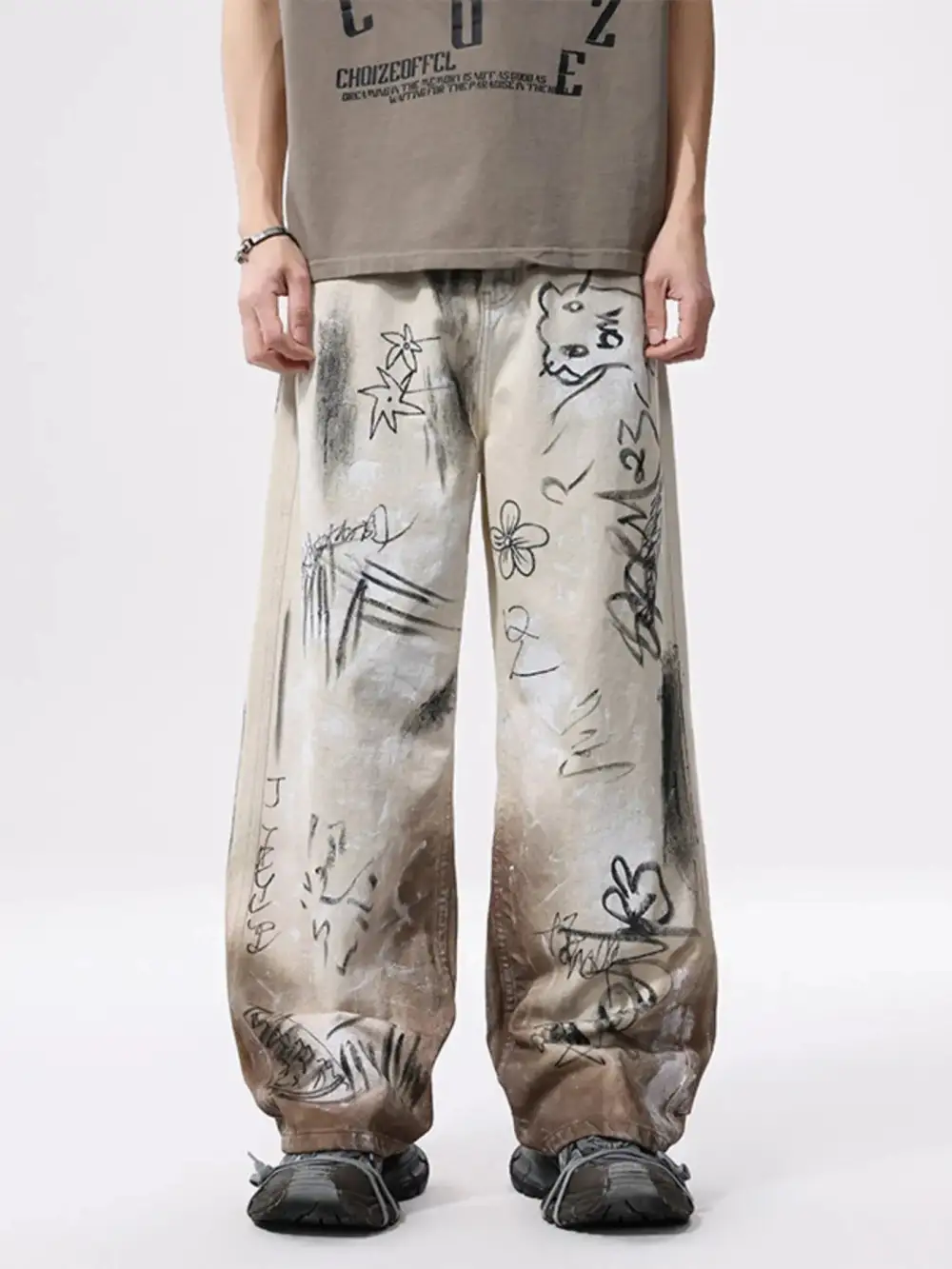 Graffiti Print Wide Leg Jeans