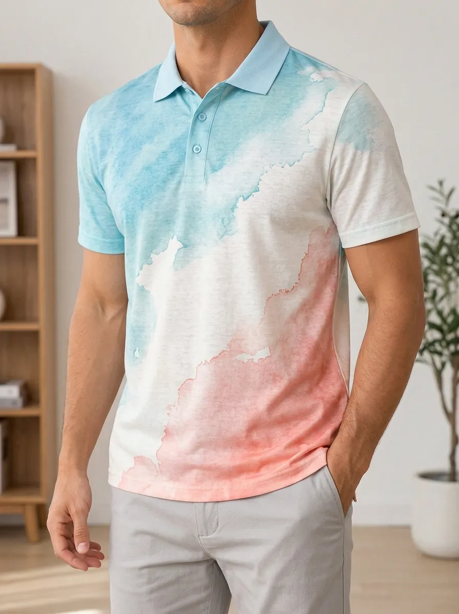 Men's Blue and Pink Watercolor Printed Polo Shirt