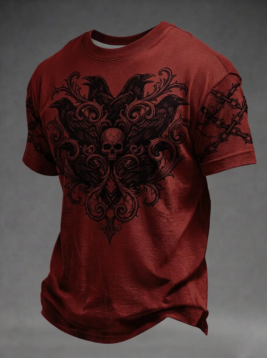 Statement Skull Raven Chain Alternative Look Men's Gothic T-Shirt