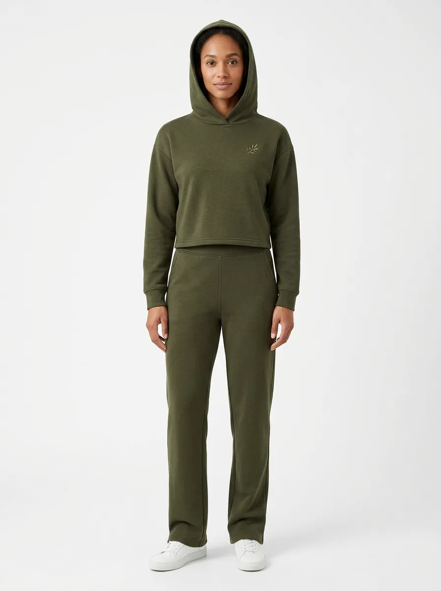 Women's Leaf Embroidered Cropped Hoodie Straight-Leg Set