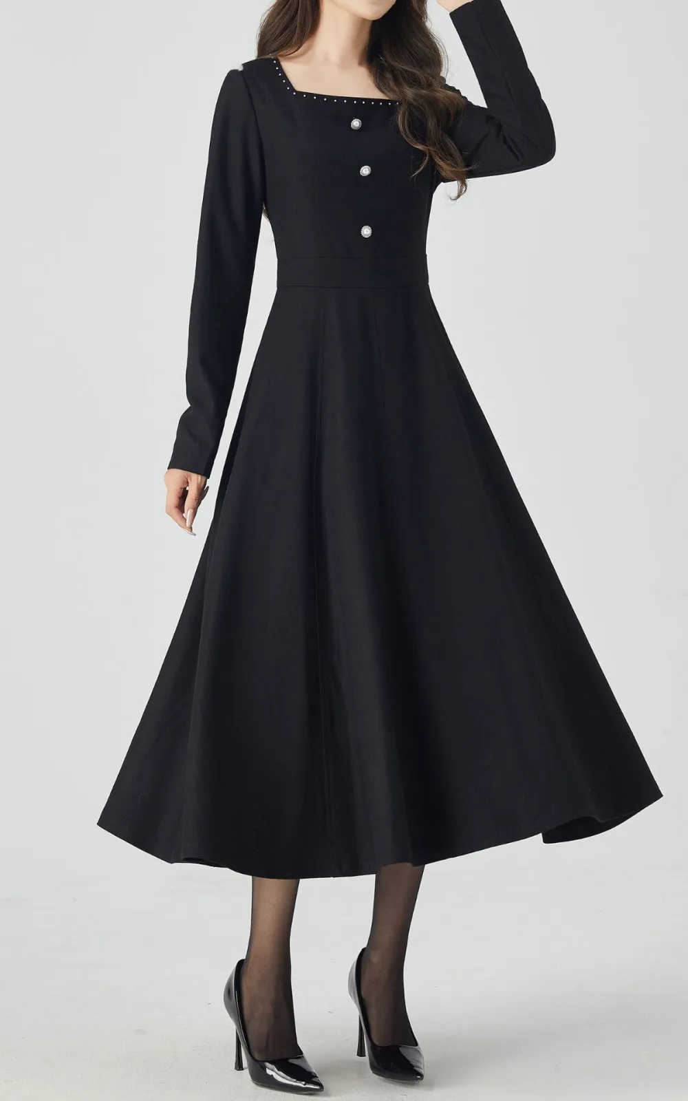 Refined Wool Blend Swing Square Neck Long Sleeve Midi Dress