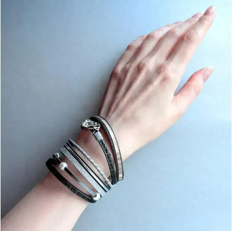 Fesciory Leather Wrap Bracelets for Women, Boho Leopard Multi-Layer Crystal Beads Cuff Bracelet Jewelry