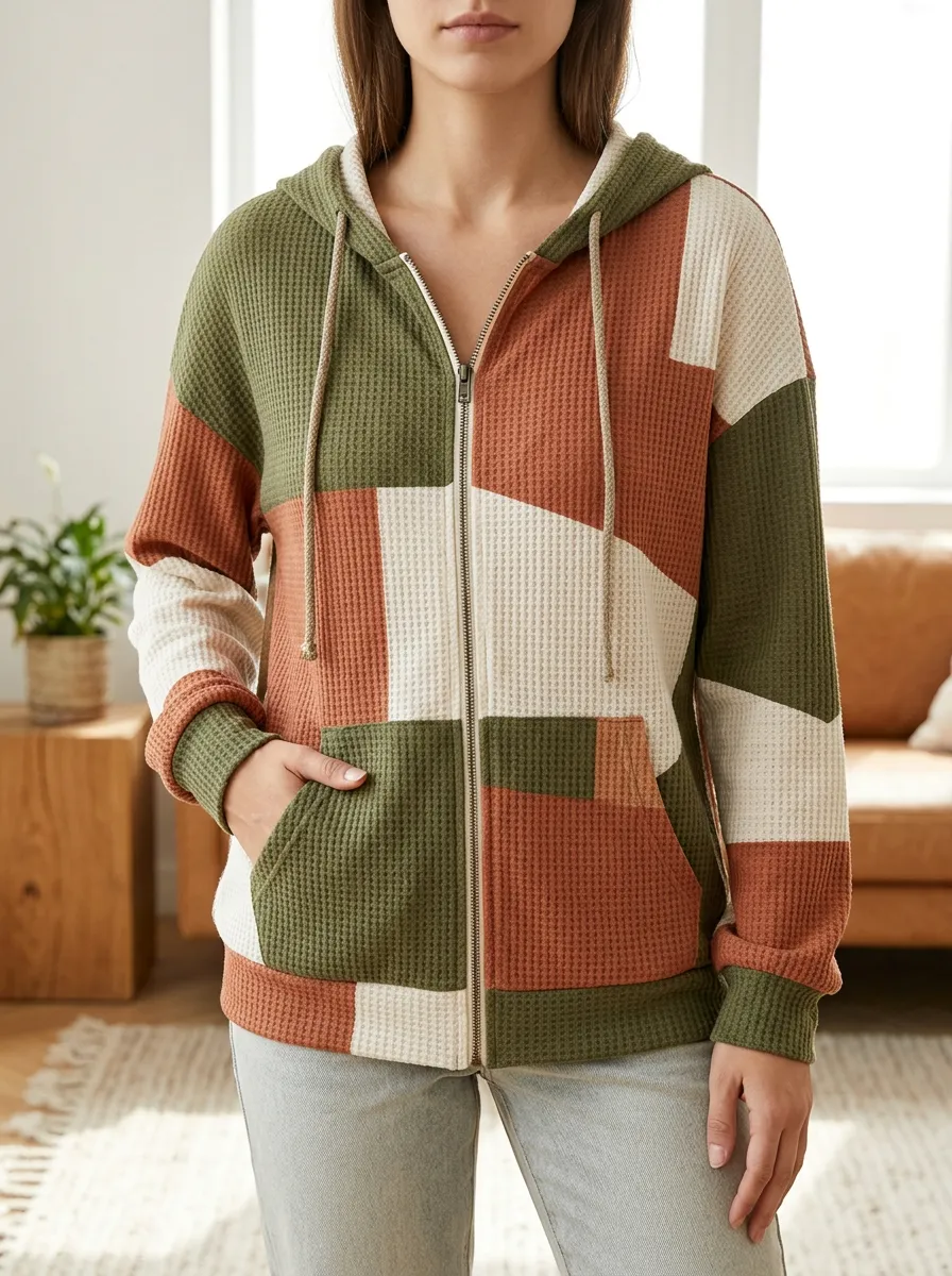 Women's Colorblock Geometric Signature Pattern Waffle Zip-Up Hoodie