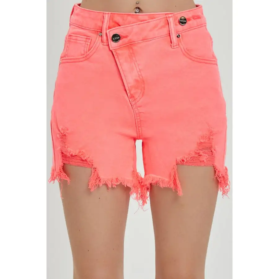 Risen Raw Hem Asymmetrical Waist Denim Shorts