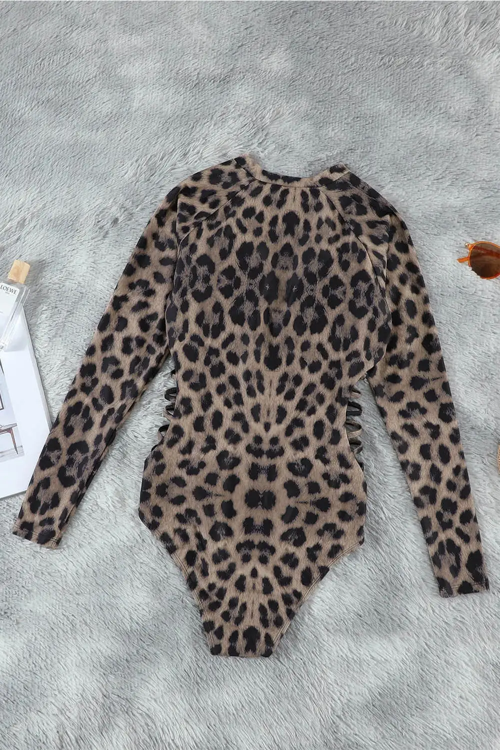 Leopard Print Zip Front Printed Long Sleeve One Piece Swimsuit Swimwear