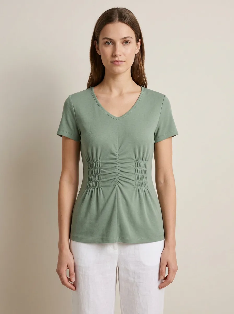 Fitted V-Neck Waist-Ruched Ruched T-Shirt