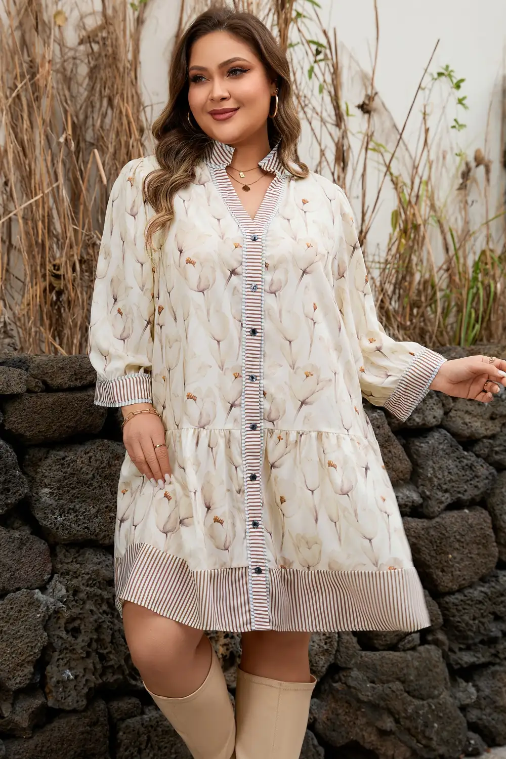 Lightweight Feel Floral Striped Button Front Dress