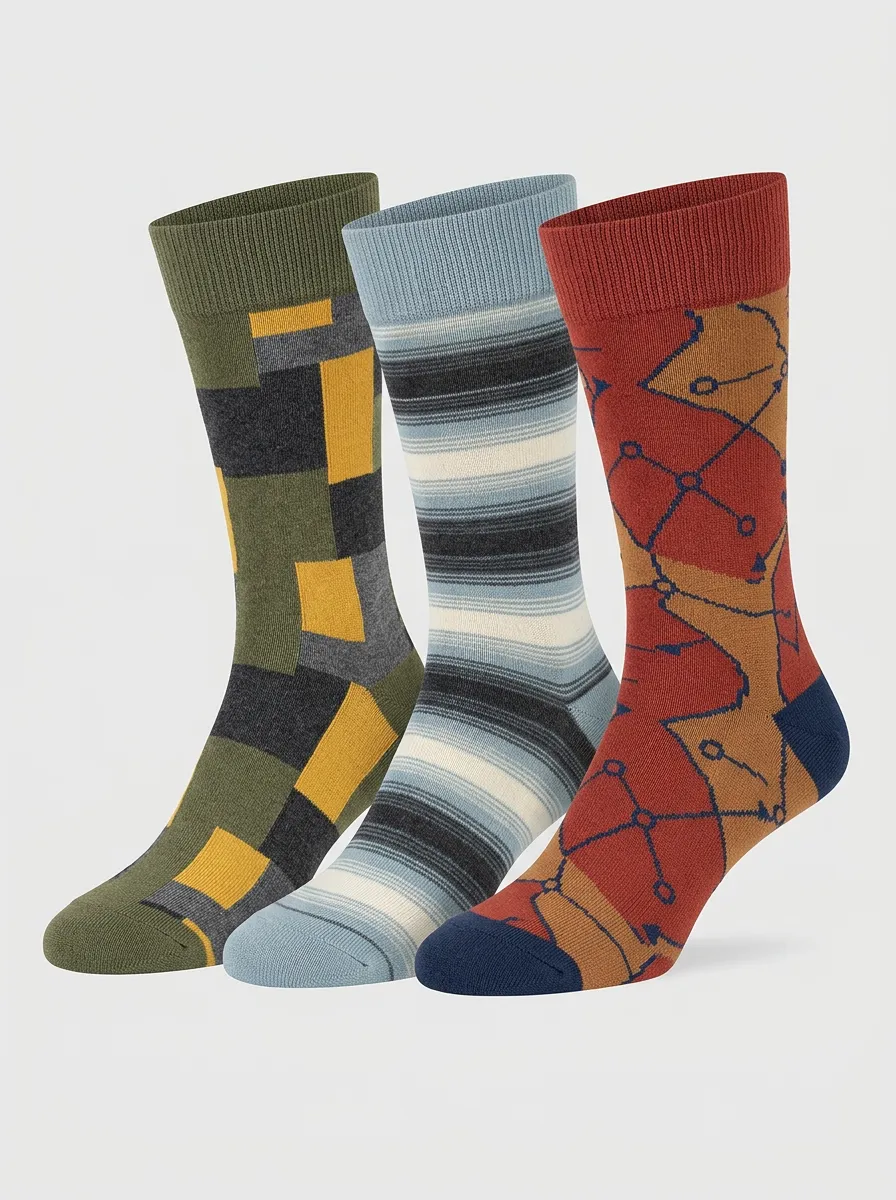 Men's Stripes Color Blocks Three-Pair Crew Socks
