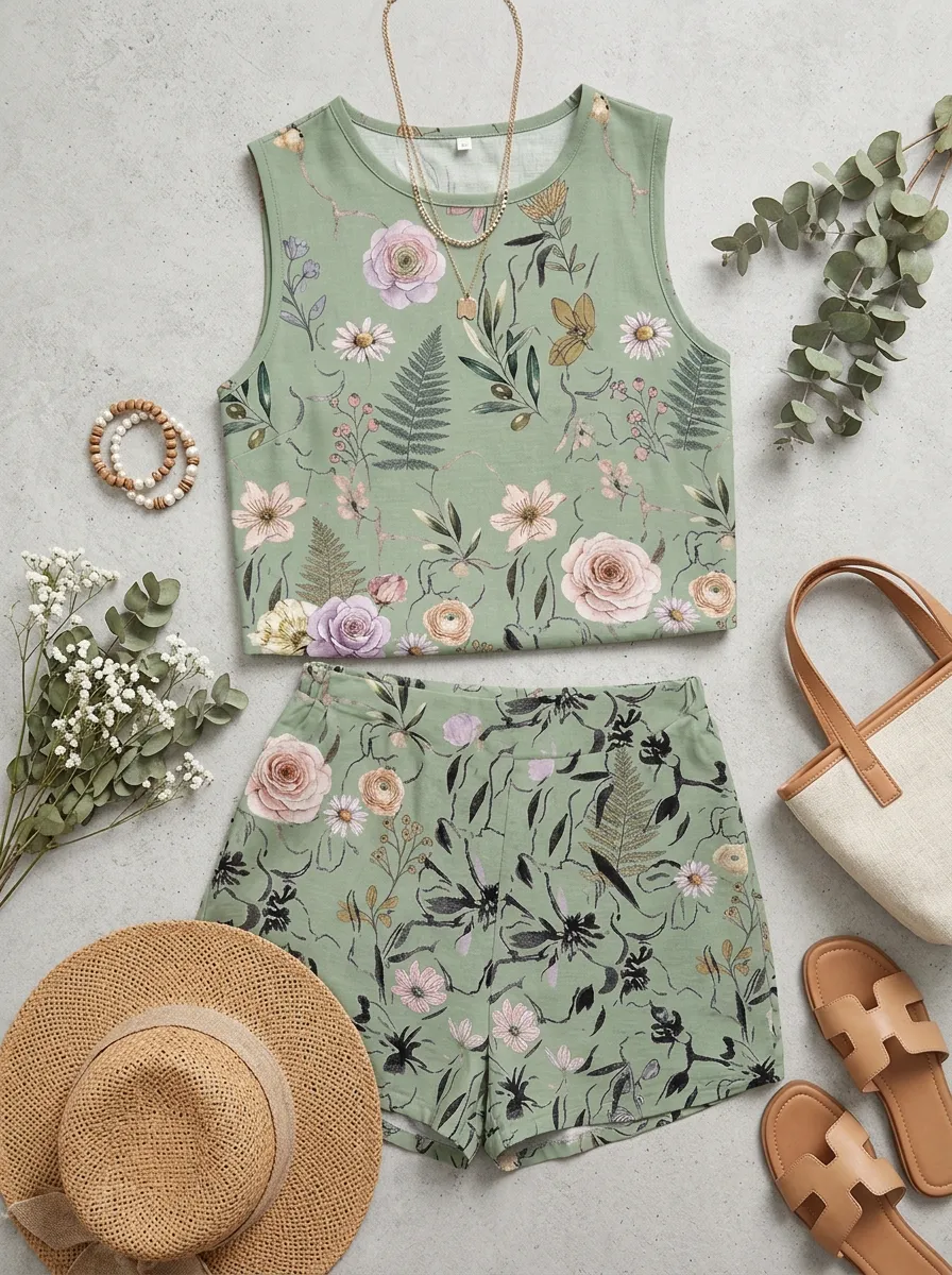 Women's Botanical Floral Sage Green Printed Sleeveless Shorts Set