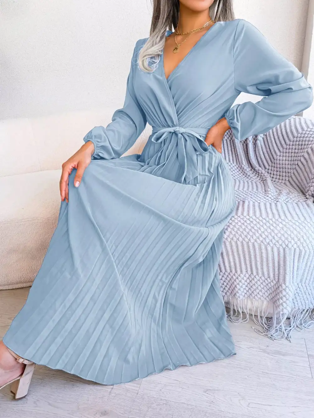 Pleated Long Sleeve Dress Casual