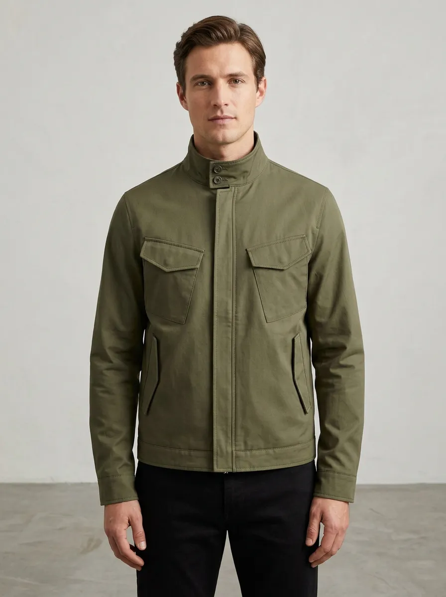 Men's Military Style Olive Green Stand Collar Field Jacket
