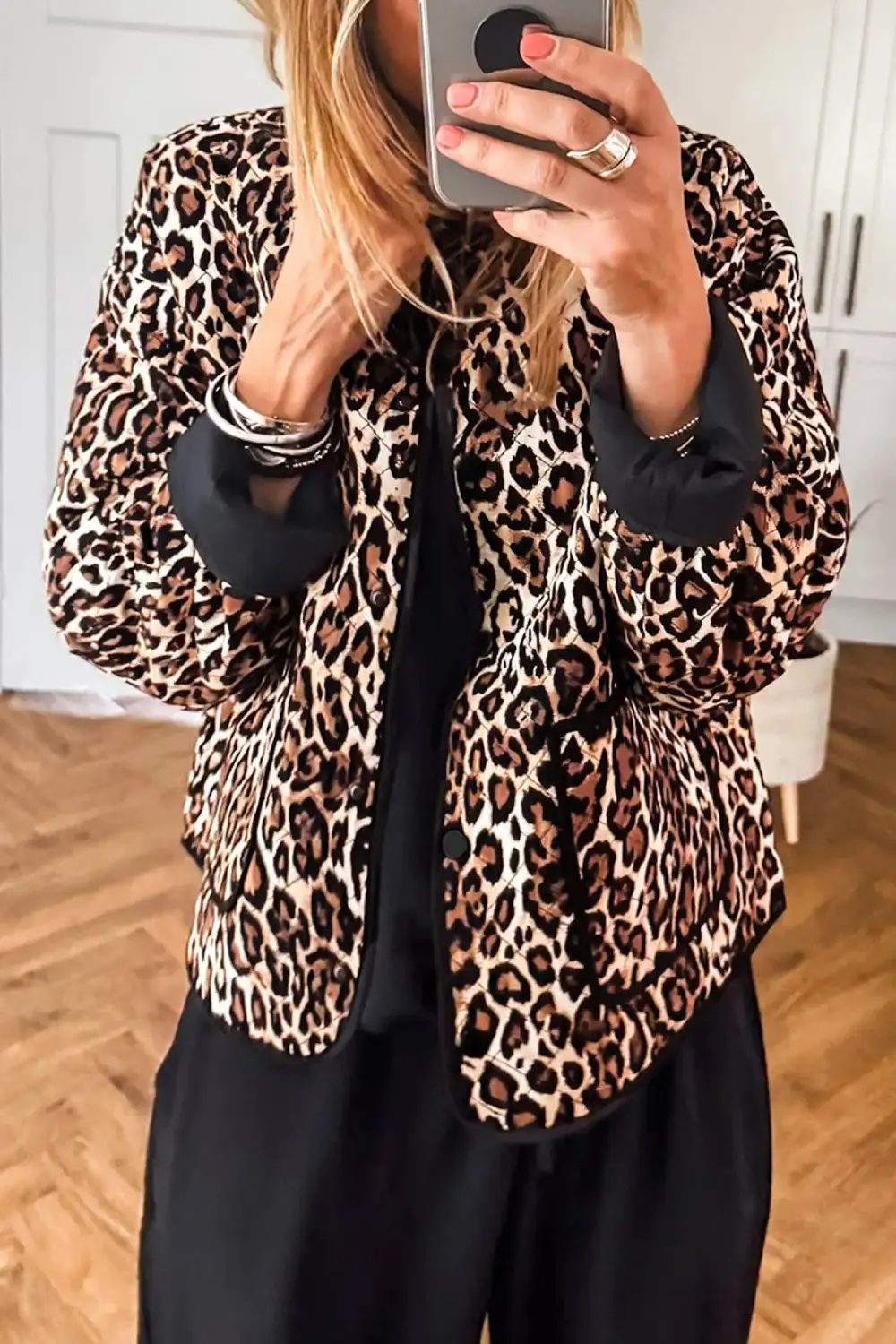 Button-Front Quilted Leopard-Print Pocketed Jacket