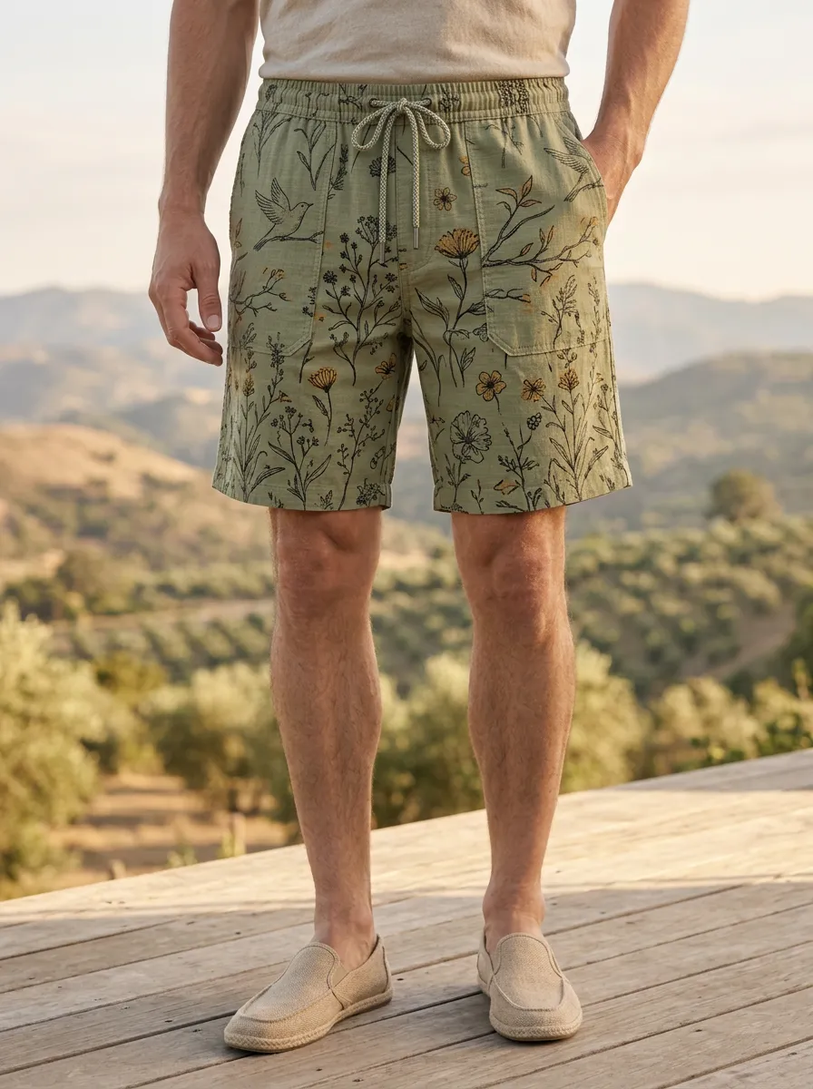 Men's Mid Rise Nature Botanical Bird Drawstring Shorts