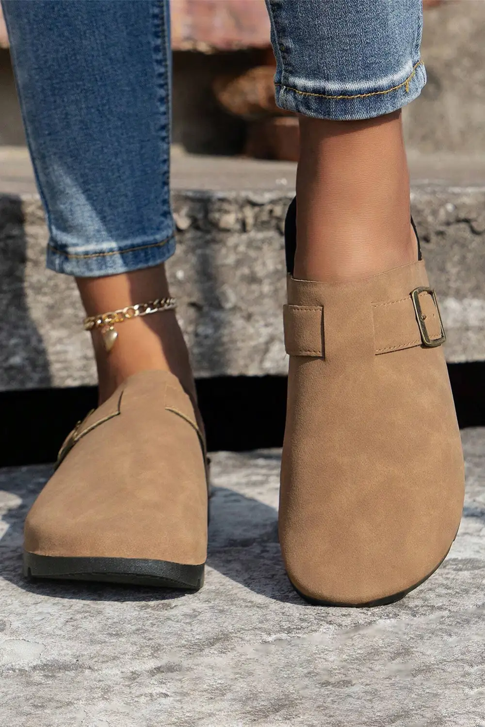 Light French Suede Buckle Detail Slide Slippers