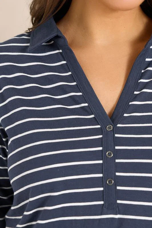 Navy Blue Stripe Pintuck Henley Top detail 3