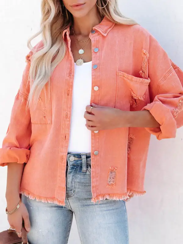 Denim Distressed Mid-Length Relaxed Jacket