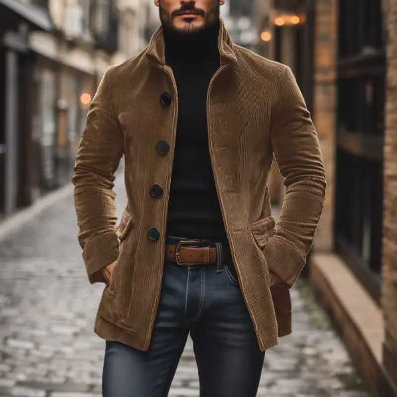 Textured Button Band Collar Coat
