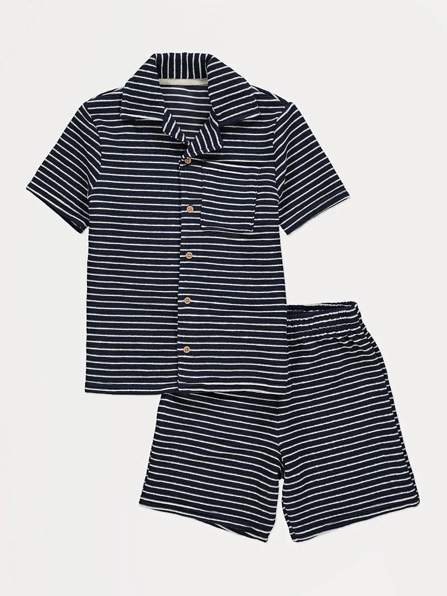 Navy Striped Short Sleeve Shirt and Shorts Outfit