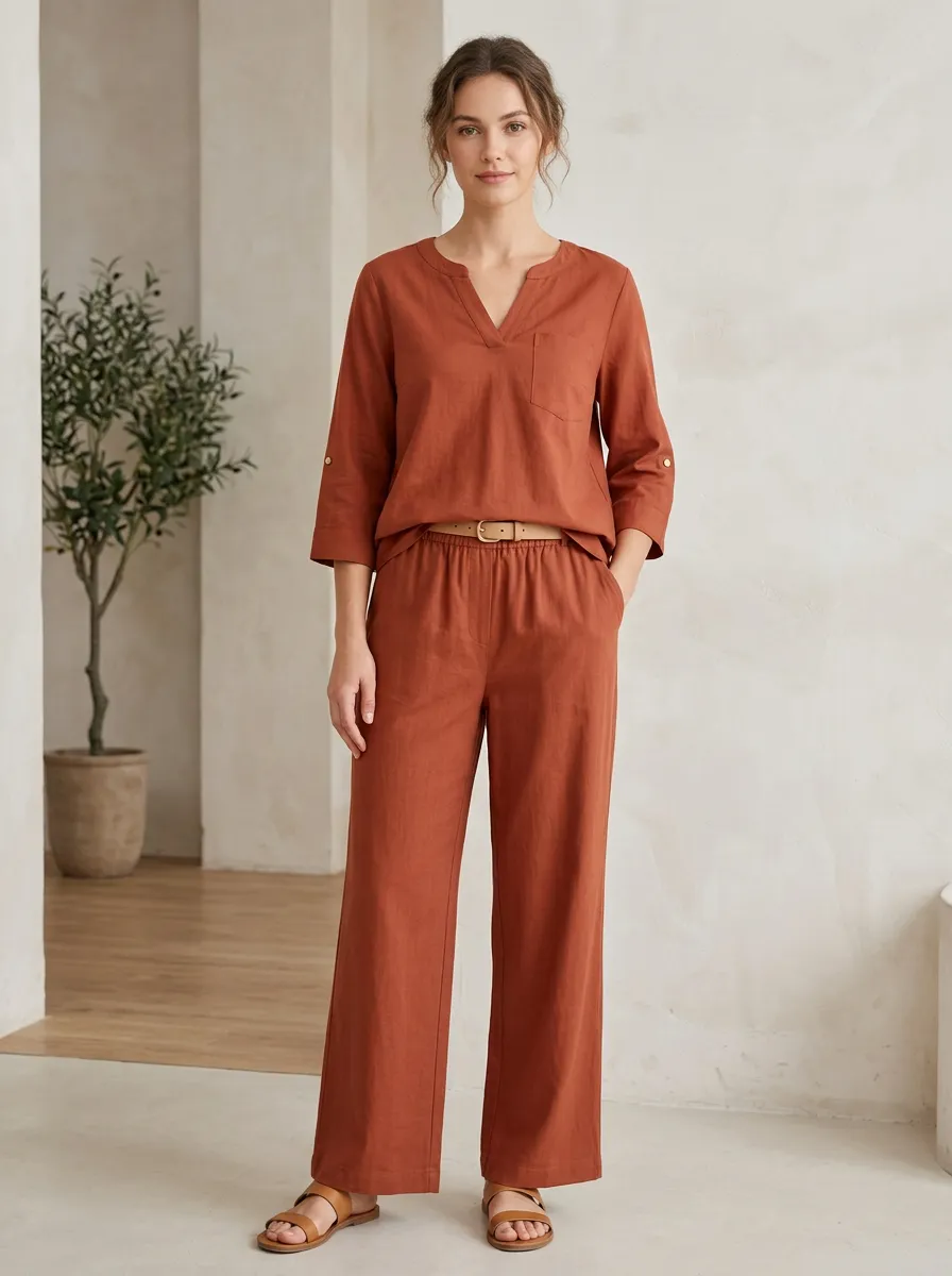 Pocket Three-Quarter-Sleeve Women's V-Neck Casual Lounge Set