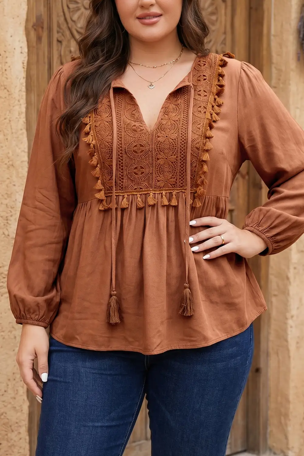 Women's Embroidered V Neck Long Sleeve Top