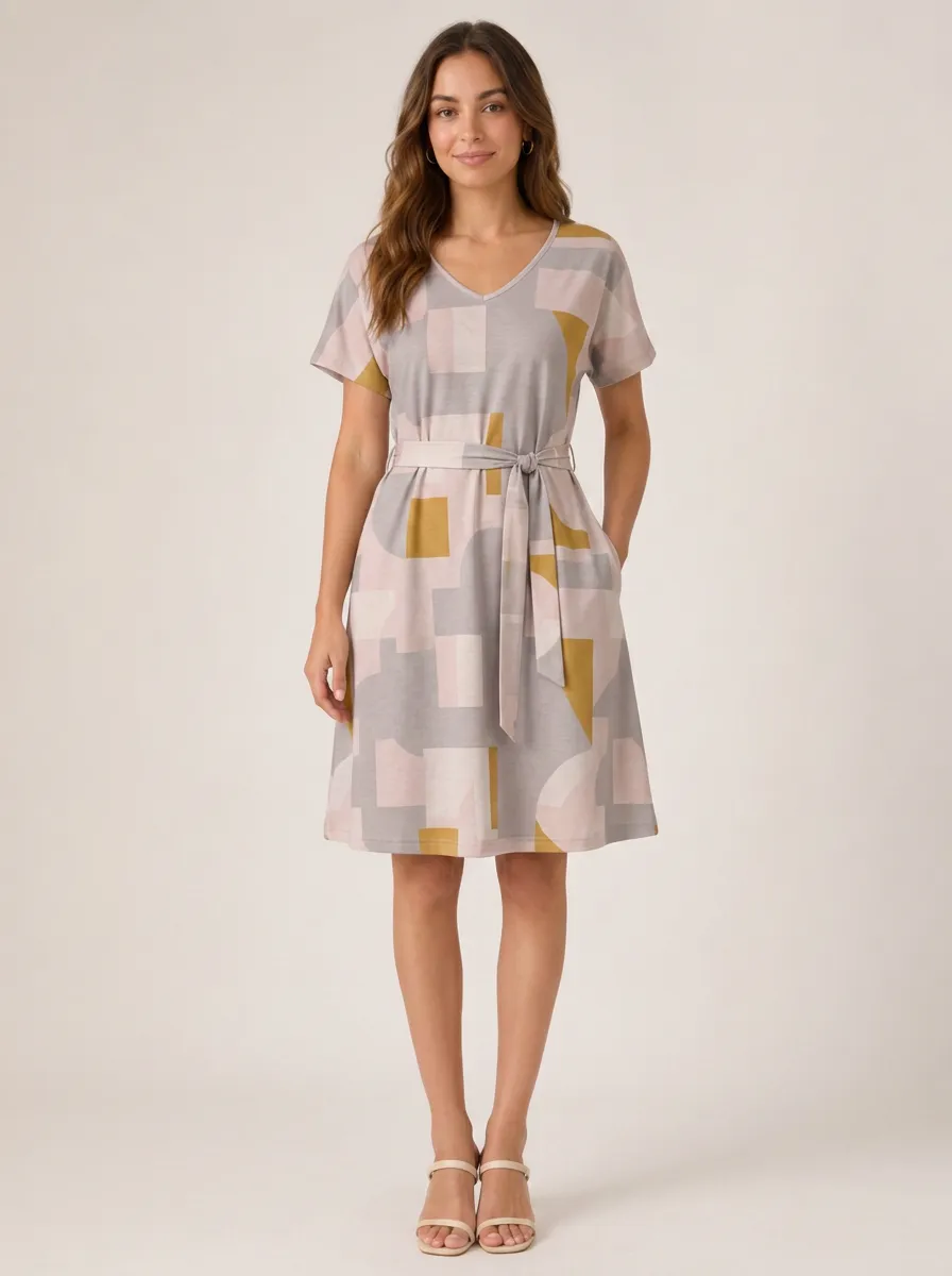 Women's Geometric Abstract Pattern Printed V-Neck Dress