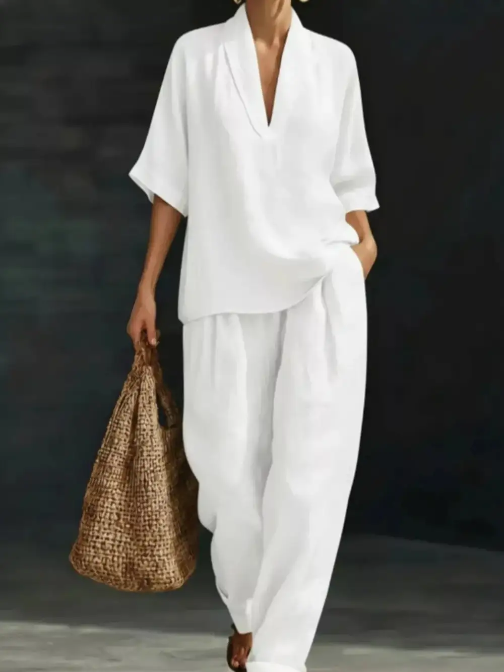 Full Size Half Sleeve Top and Wide Leg Pants Set Plus Size