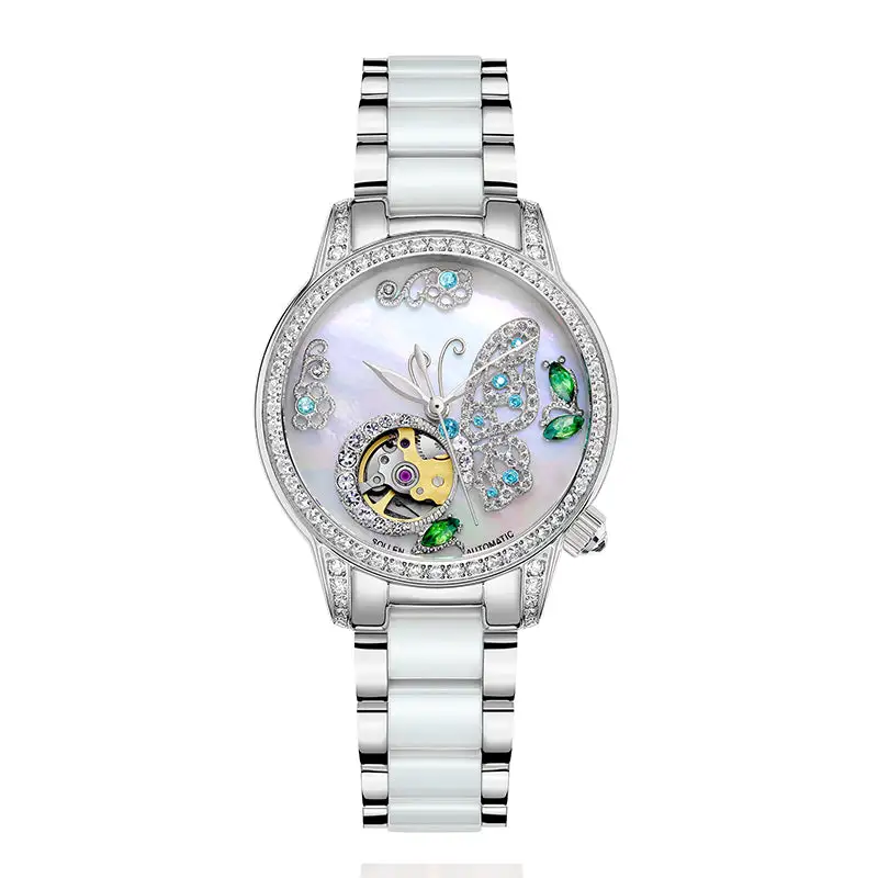 Sollen SL406 Women's Butterfly Open Heart Automatic Watch - 35mm Crystal Bezel Sapphire Crystal Miyota 90S5 Ceramic Bracelet Wristwatch