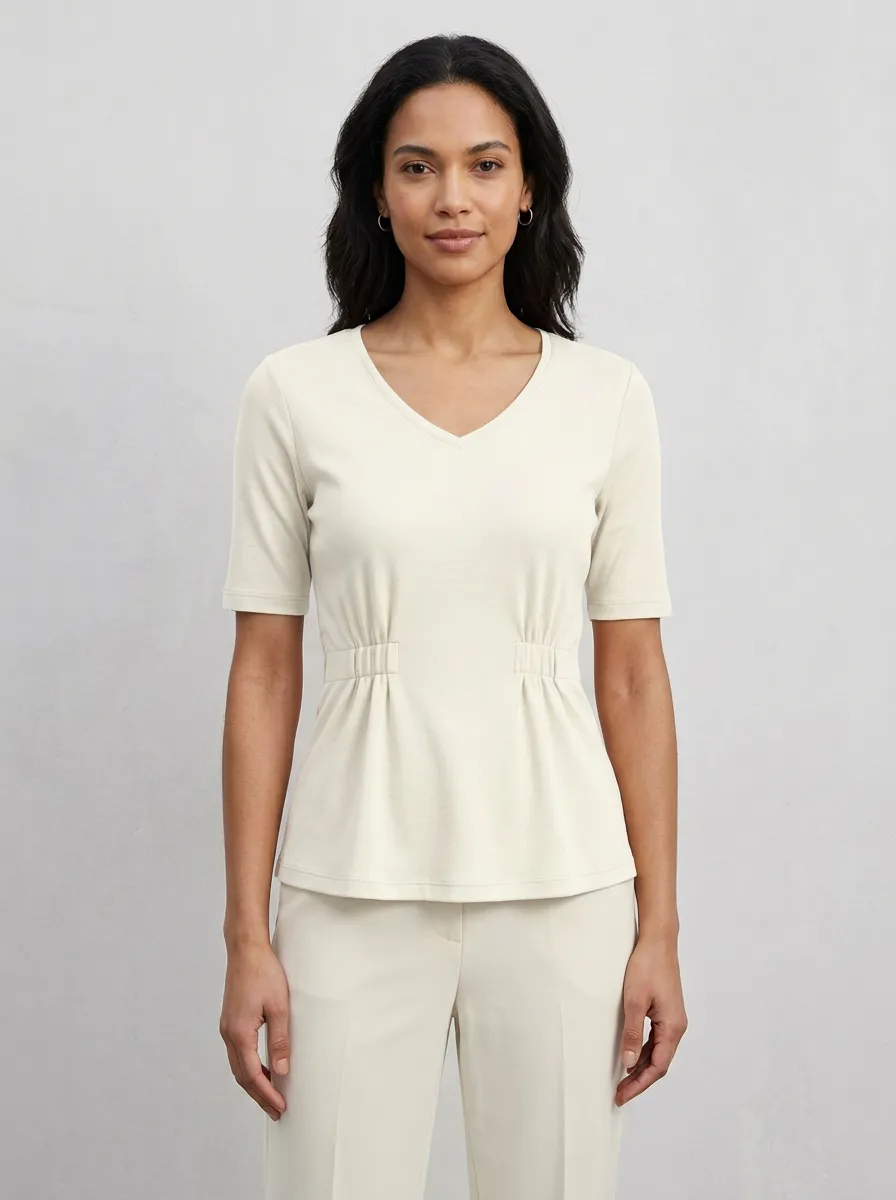Fitted Peplum V-Neck Waist-Ruched Peplum Top