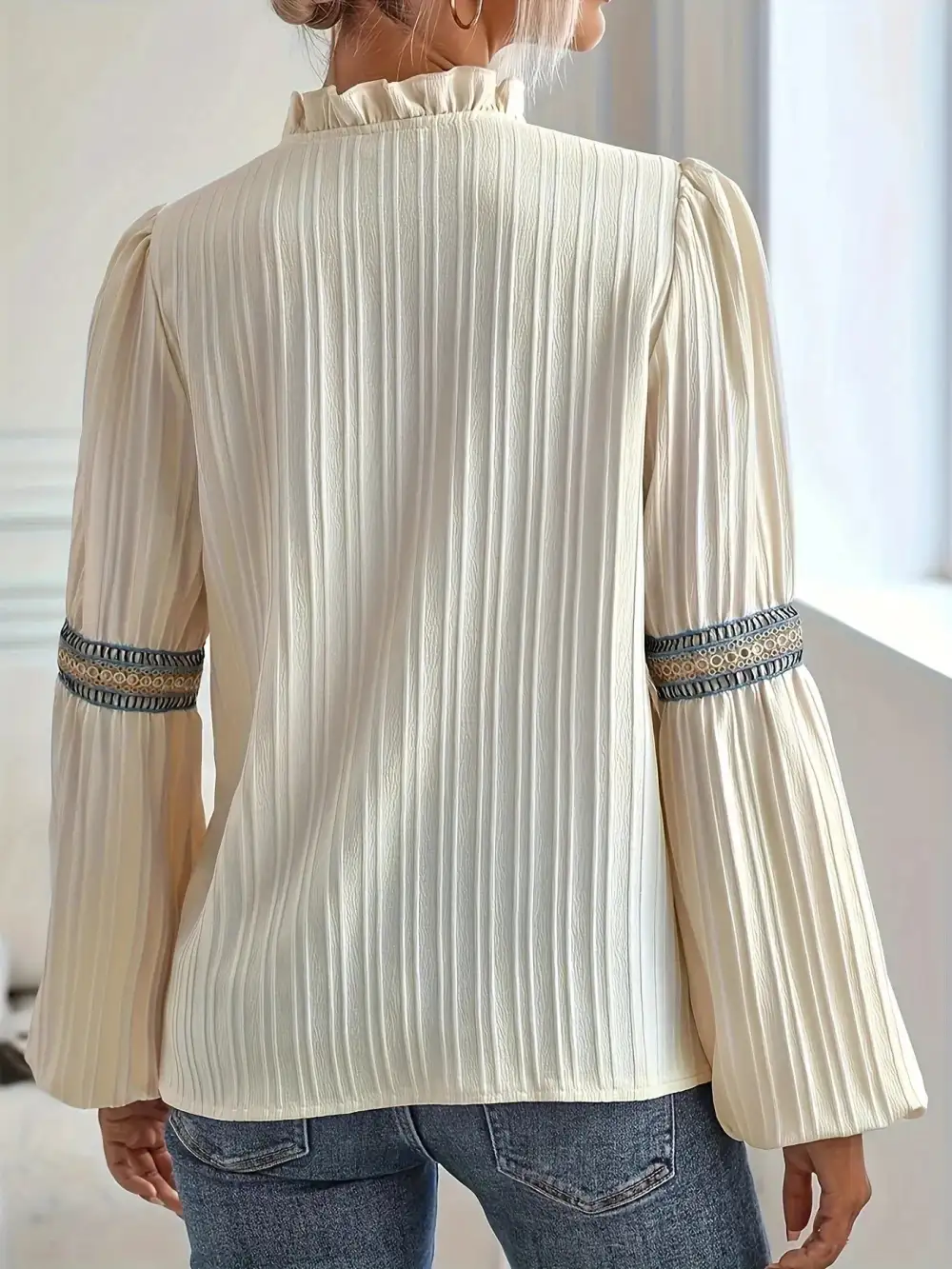 Refined Notched-Neck Balloon-Sleeve Blouse