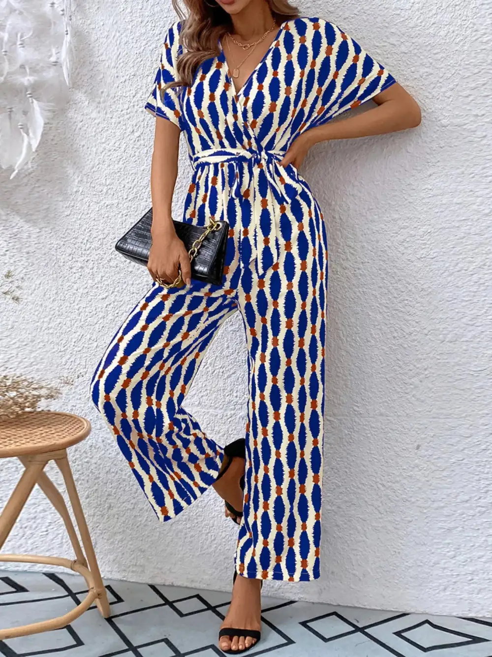Printed Surplice Tie Waist Short Sleeve Shorts