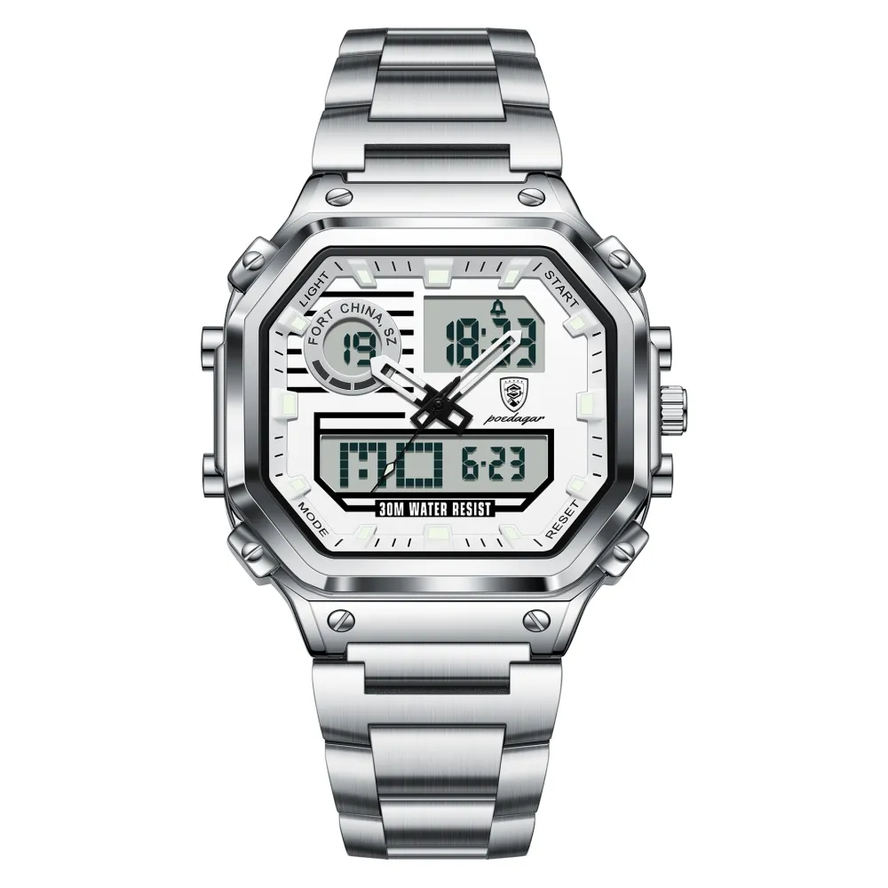 Bold Octagonal Dual-Display Watch in Premium Stainless Steel