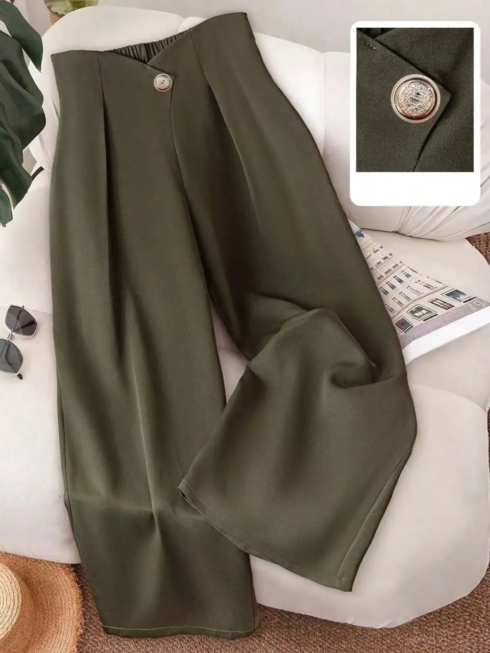 Wide Leg Button Detail Casual Versatile Pants