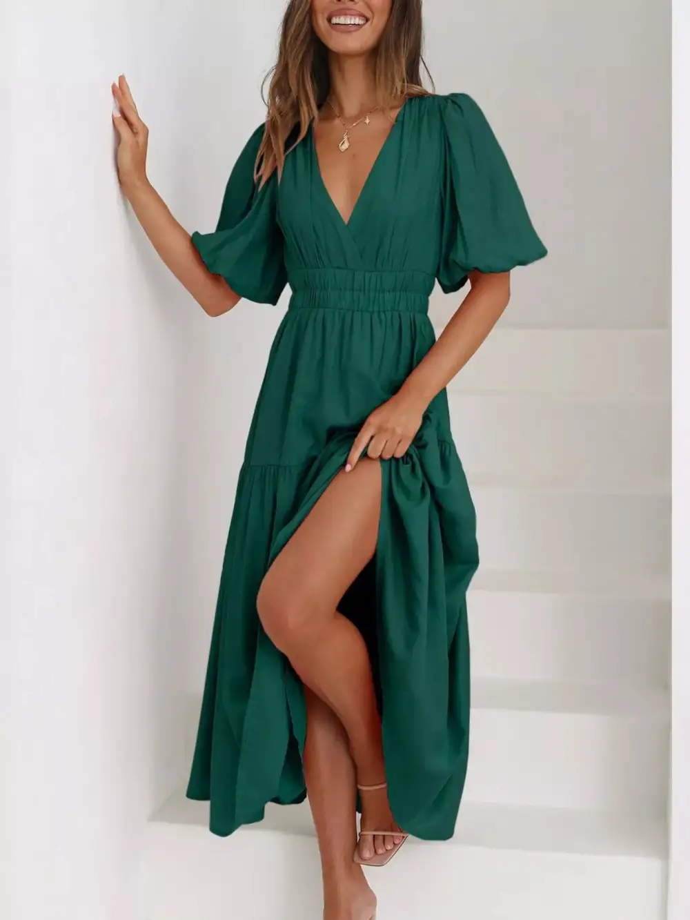 Everyday V-neck Puff Sleeve Midi Dress