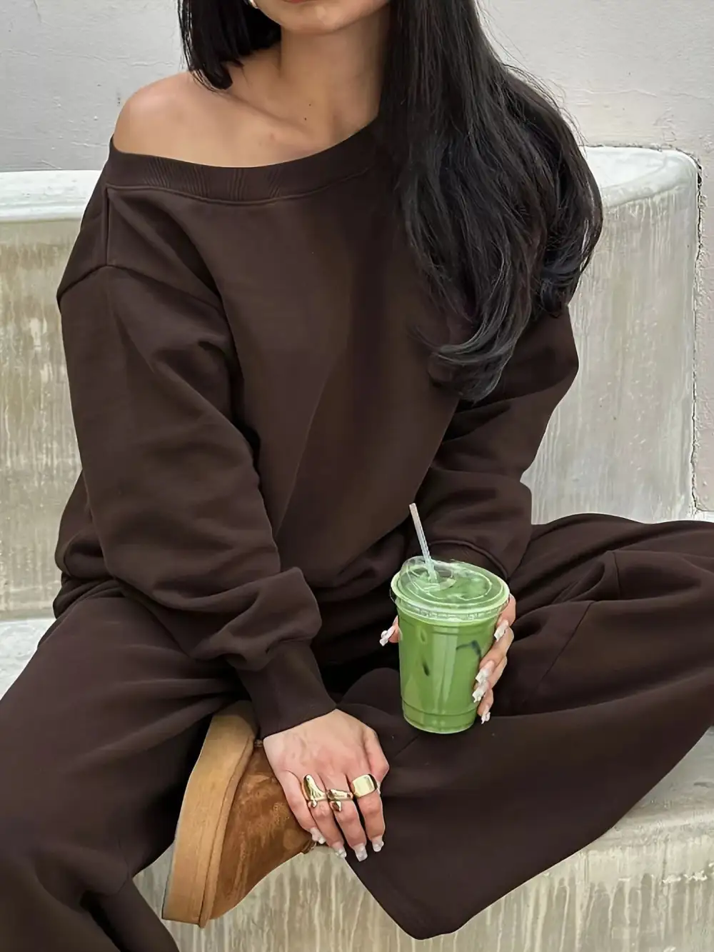 Boat Neck Long Sleeve Sweatshirt and Pants Set