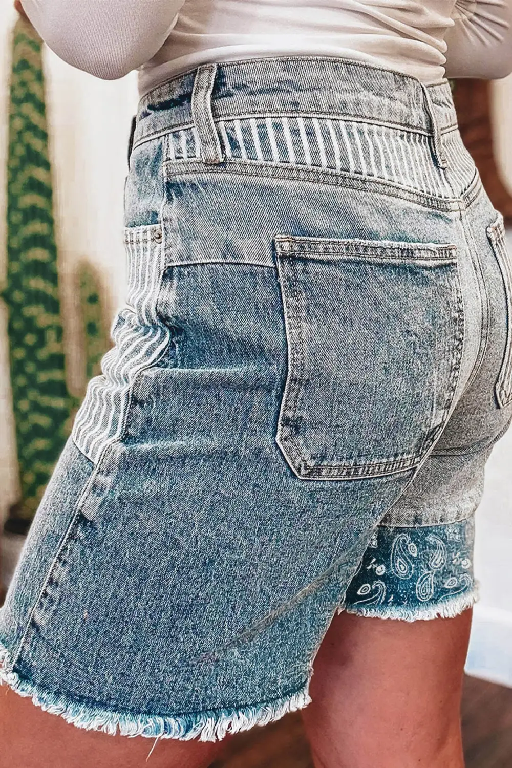 Raw-Hem Frayed Striped Patchwork Denim Shorts