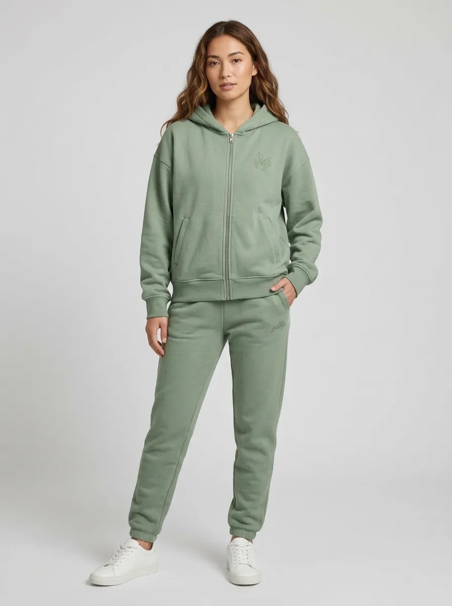 Women's Sage Green Wave Embroidered Zip-Up Hoodie Jacket & Jogger Set