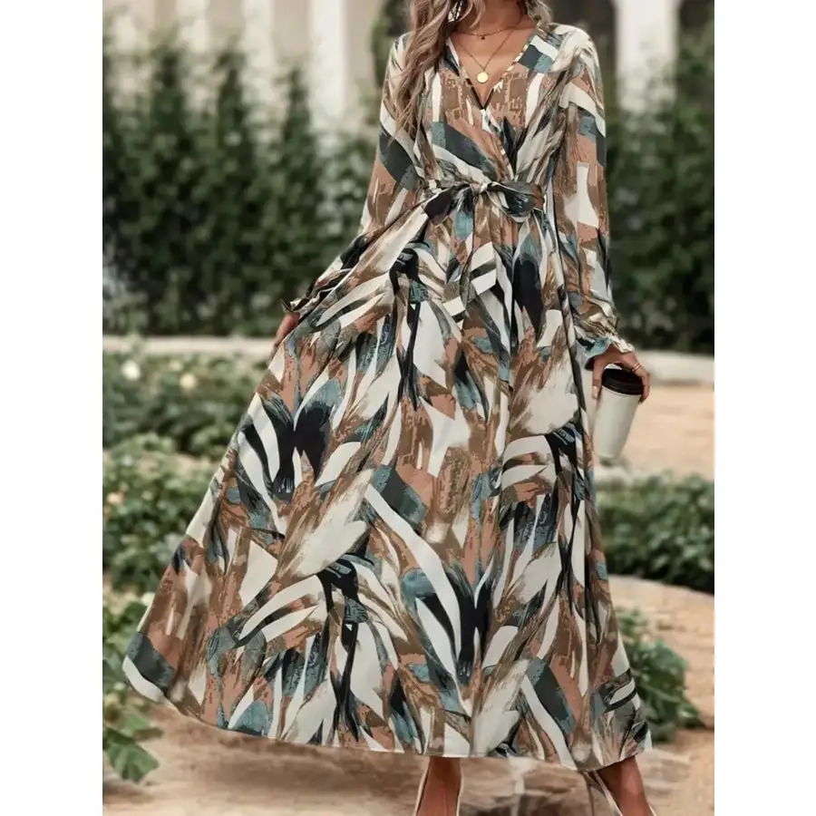 Printed Surplice Flounce Sleeve Maxi Dress