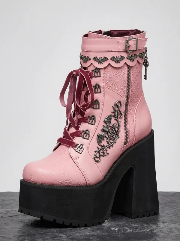 Witchy Pentagram Bat Embossed Style Women's Gothic Platform Boots