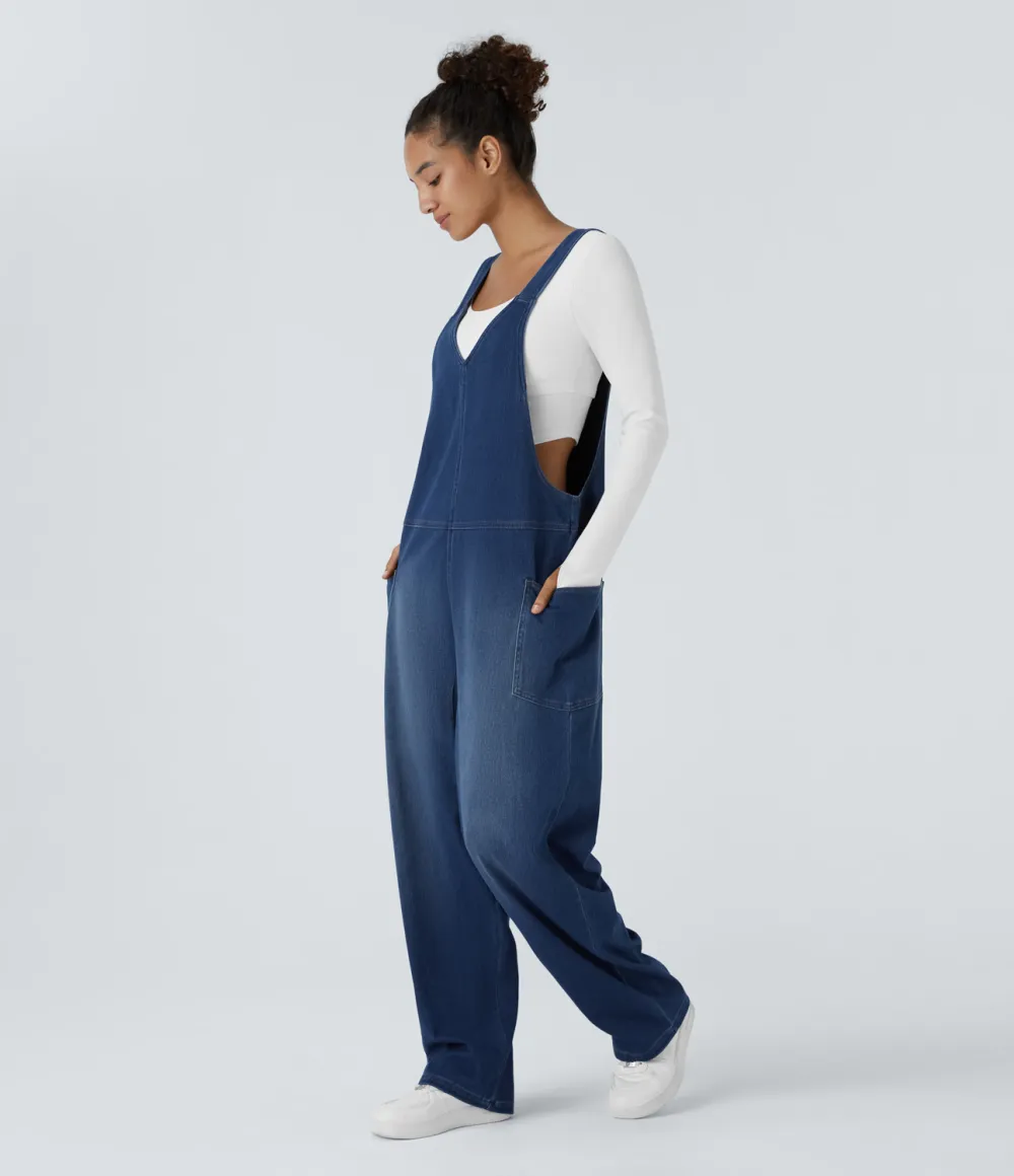 Magic V Neck Side Pocket Washed Stretchy Knit Denim Casual Overalls