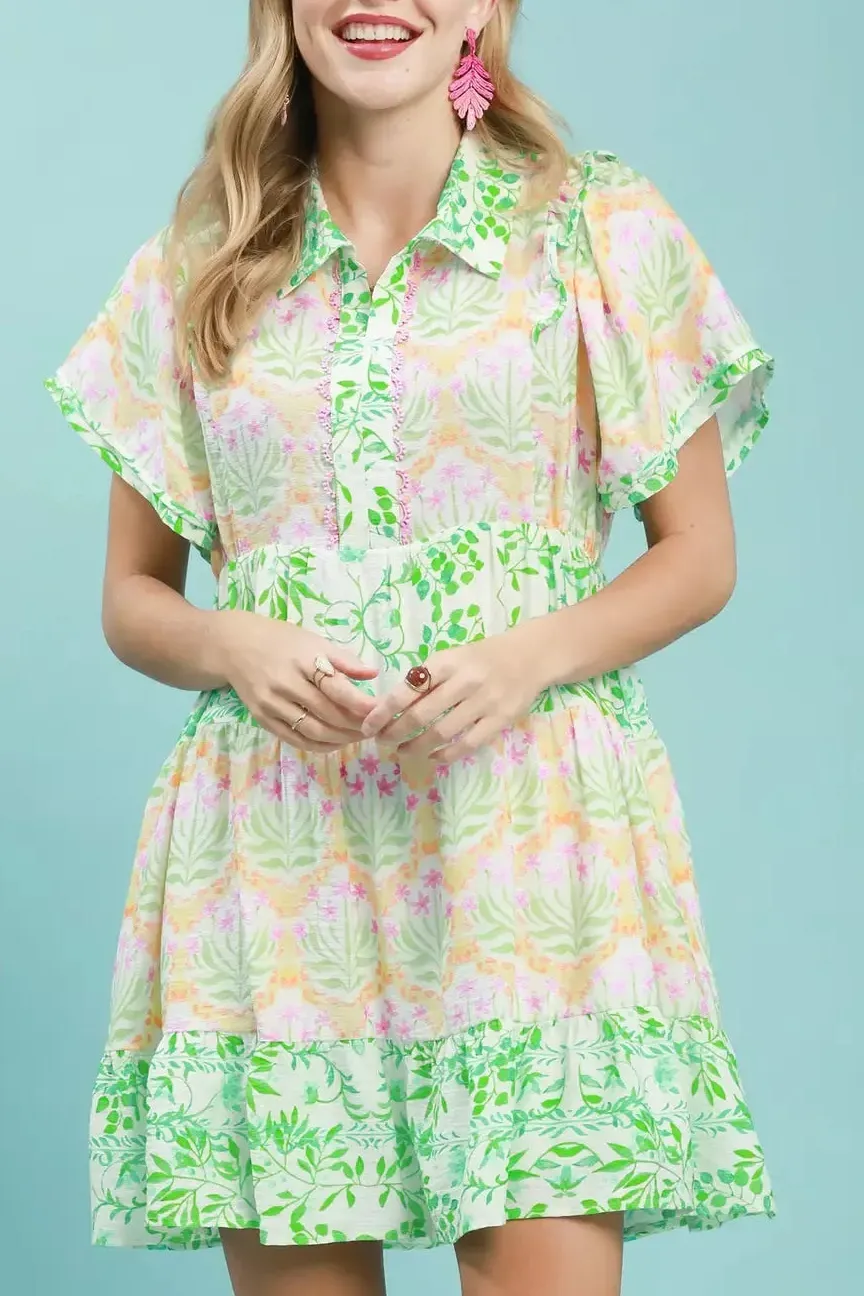Everyday Floral Print Flutter Sleeve Tiered Mini Dress