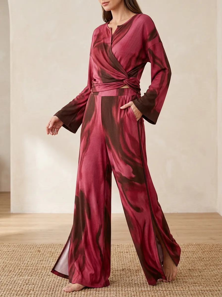 Women's Easy Fit Lounge Marble Patterned Wrap Wide Leg Pants Set