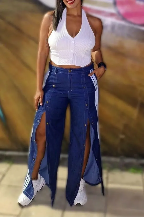 Colorblock Striped Patchwork Snaps Design Jeans