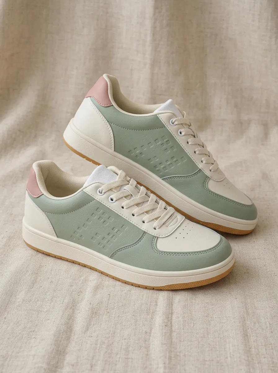 Women's Sage Green Geometric Pattern Embossed Casual Sneakers