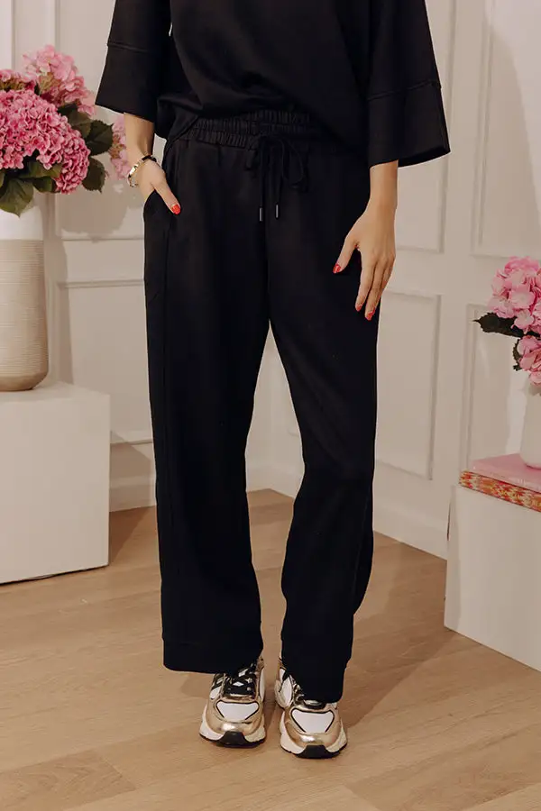 High Waist Wide Leg Scuba Knit Drawstring Elastic Waist Stretch Pants