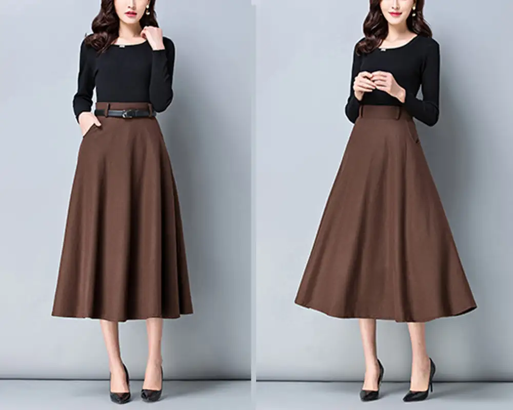 Belted Wool Flared Maxi Skirt