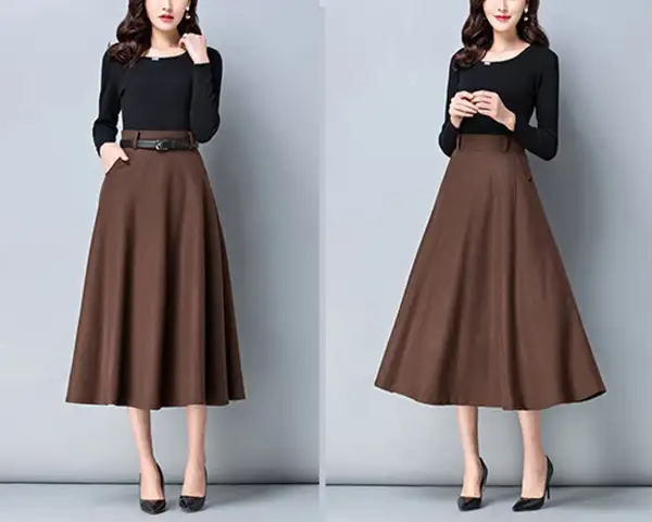 Belted Wool Flared Maxi Skirt