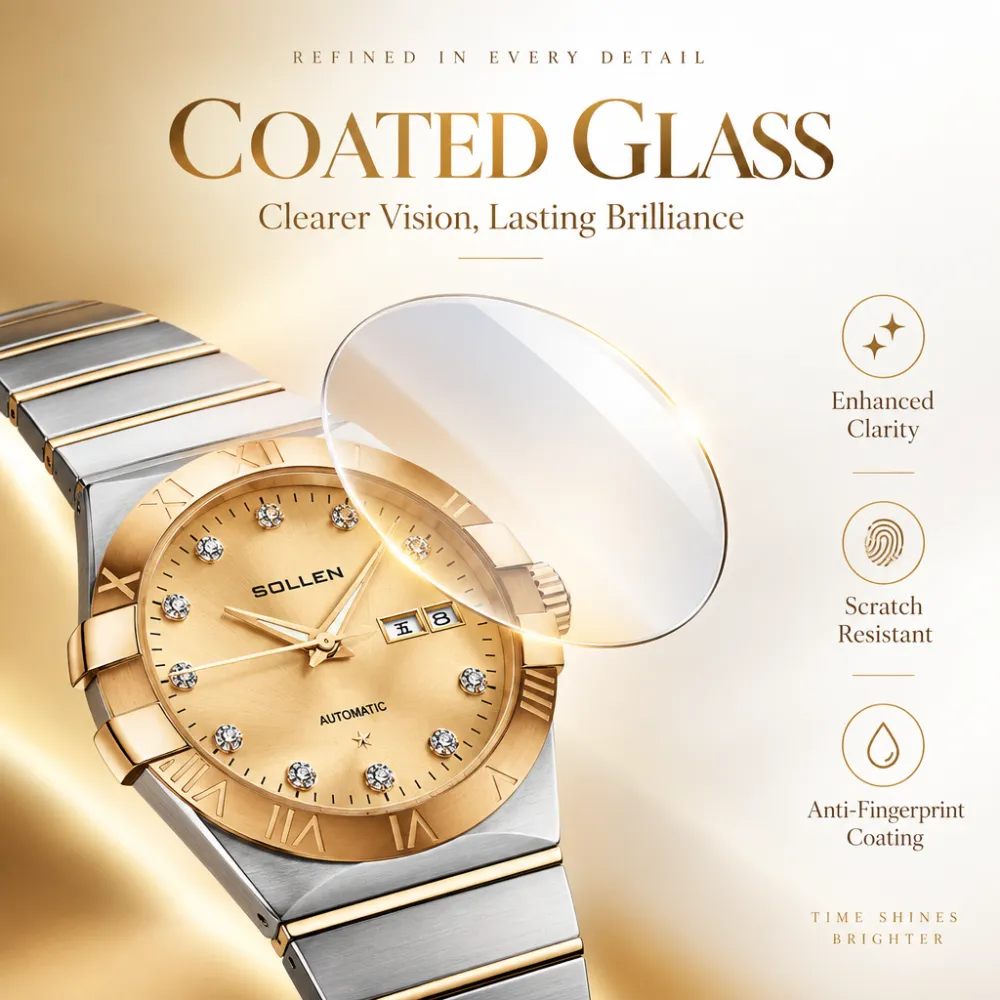 Sollen 9063 Automatic Watch - Men's Dress 12 Crystal Accent Dual Calendar Bamboo Link Steel Bracelet Wristwatch