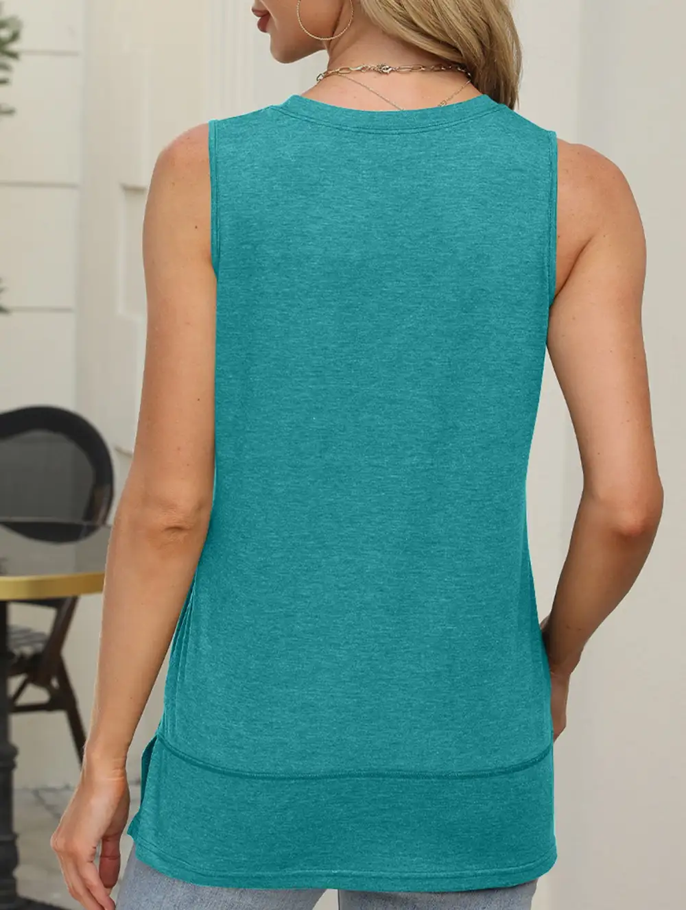 Sleeveless Crew Neck Slit Top